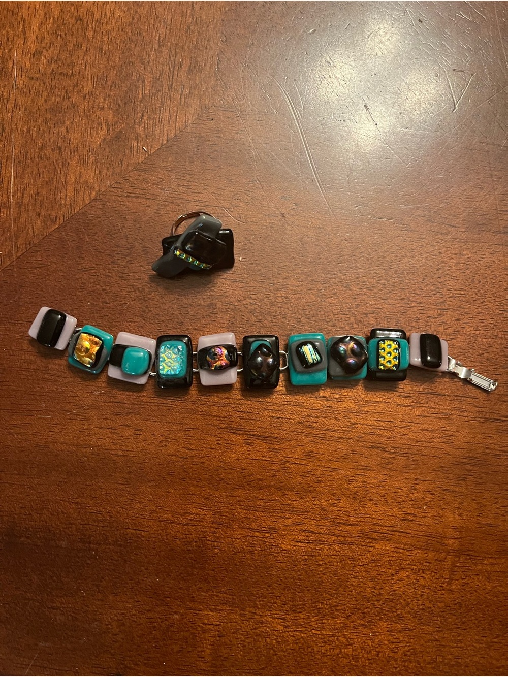 Handmade Glass Tile Bracelet and Ring Set - Black & Turquoise